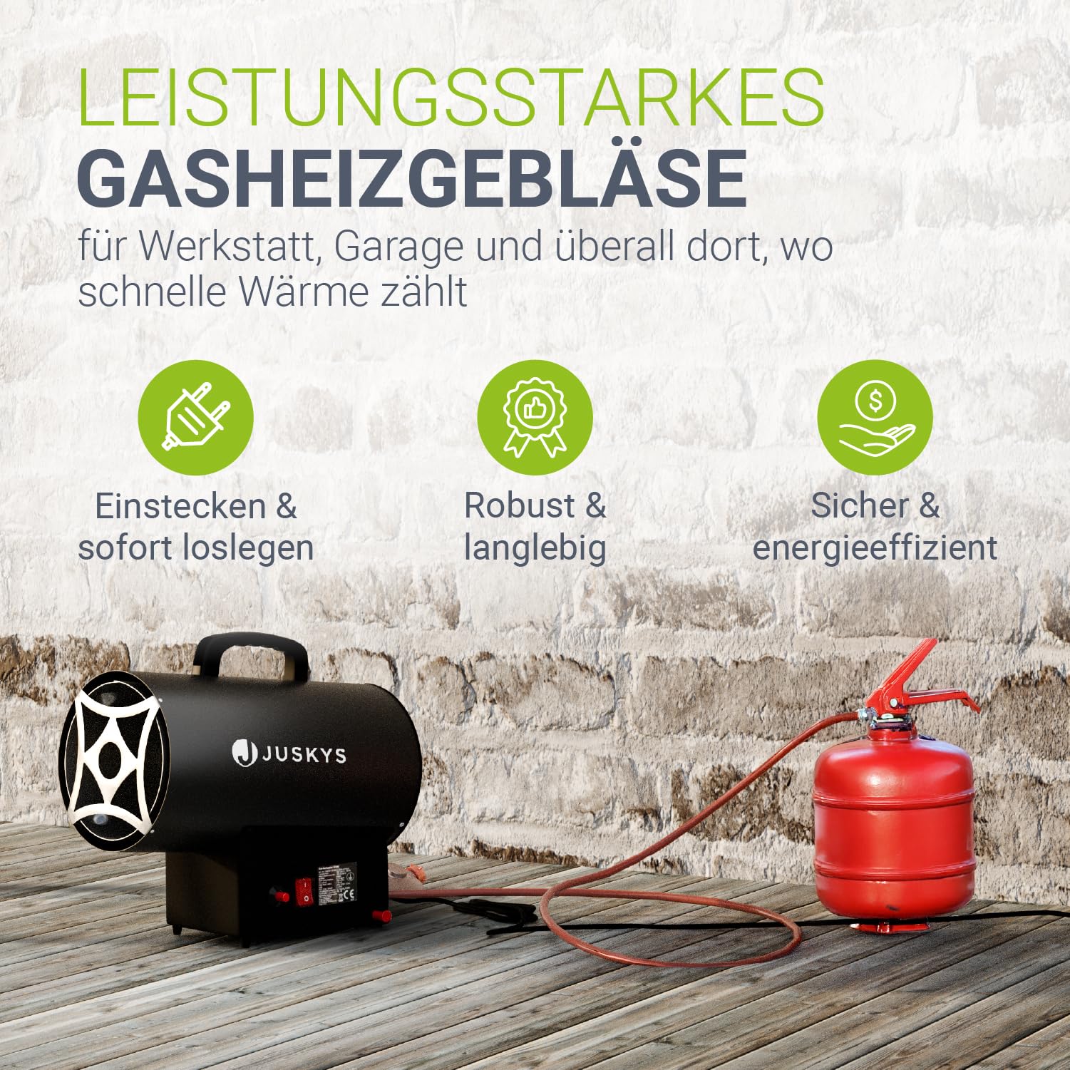 Juskys Gasheizgebläse – mobiler Gasheizer 10 kW mit Piezozündung, Heißluftgenerator, leichtes Stahl-Gehäuse, für Outdoor & Werkstatt - Schwarz