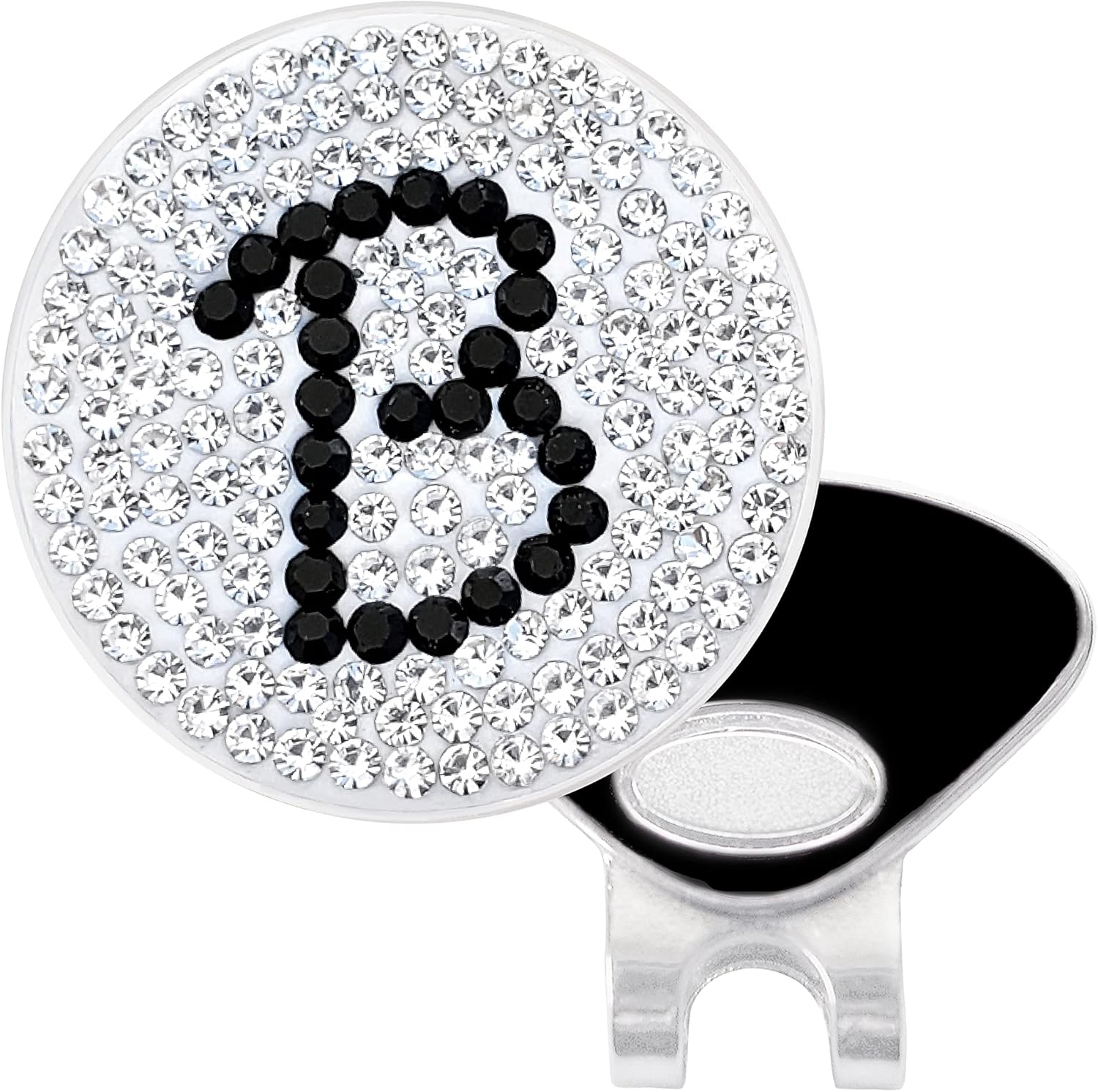 NAVIKA Initial Letter Monogram Micro Pave Crystal Golf Ball Marker Includes a Magnetic Hat Clip - Clear & Black