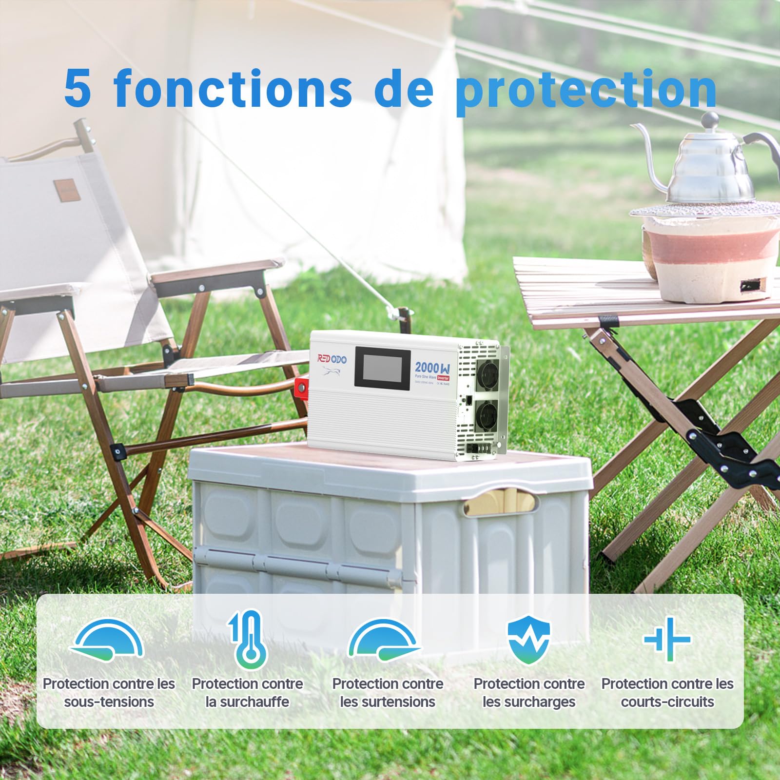 Redodo Onduleur à Onde Sinusoïdale Pure 2000W 2V DC à 230V AC Convertisseur pour Womo, Camping, Onduleur Solaire avec 2 x Sorties AC, Ecran de Contrôle avec Affichage de l'Etat en Temps Réel