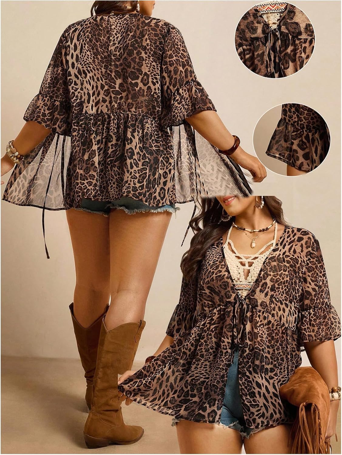 WDIRARA Women's Plus Size Leopard Cover Up Tops V Neck Tie Front Ruffle Kimono Beach Coverups - Image 5