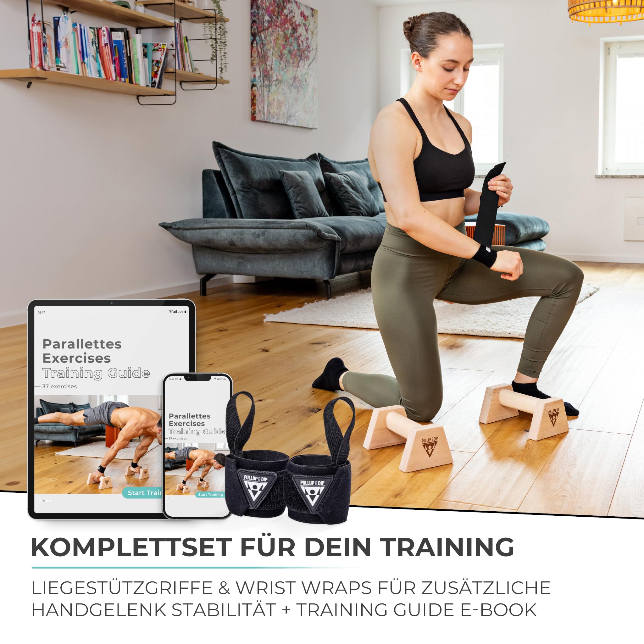 PULLUP & DIP Liegestützgriffe aus Holz inkl. Handgelenkbandagen – Ergonomische Handstandgriffe, rutschfeste Push-Up Bars für Calisthenics, Fitness & Oberkörpertraining