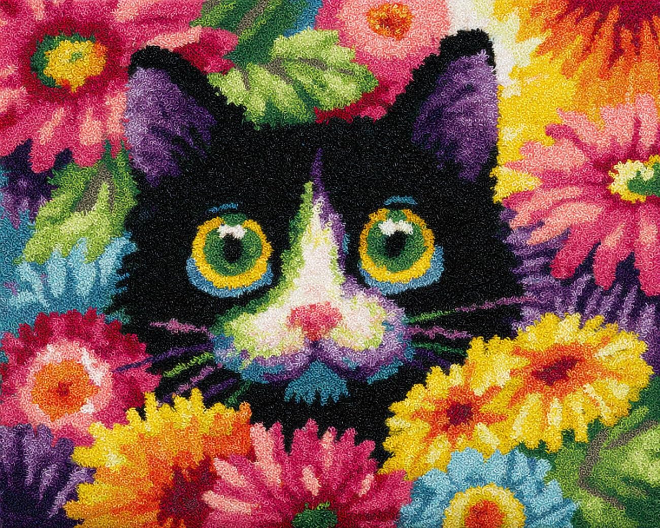 AMBATTERY Latch Hook Rug Kit Cats and Flowers 60x90cm