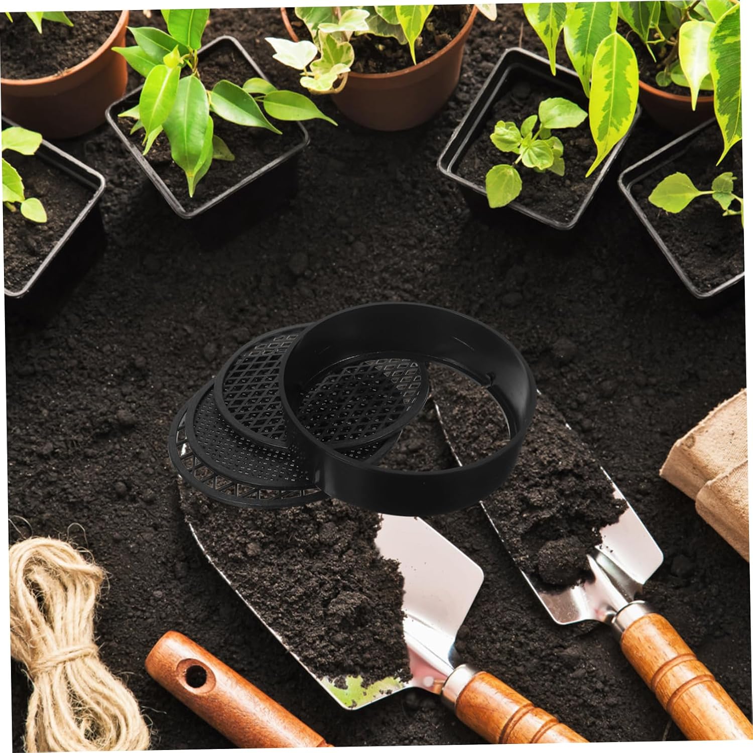 Plastic Soil Sieve 3 Set Black Lightweight Sifting Pan Tool | 12Pcs Replacement Screens, Hand-Held Use, Labor-Saving Plastic Design, Black Finish for Gardening Tasks