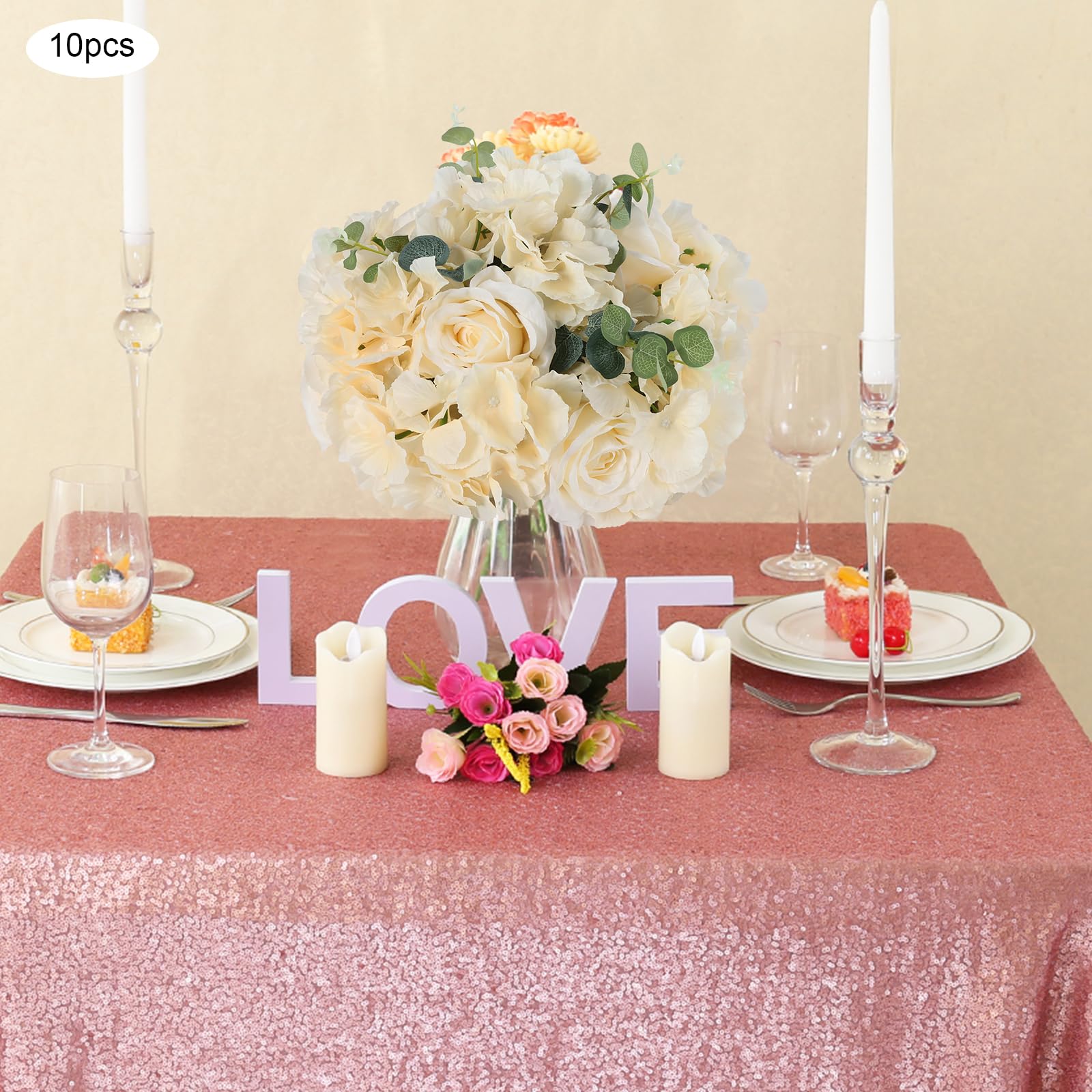 Künstliche Rosen Blumenkugeln 10 Stück 40cm Champagner, Hochzeit | Stoff & Kunststoff, 40x20cm, Basis 20cm, für Tisch & Wand, pflegeleicht, wiederverwendbar, Hochzeitsdeko, Partydeko, Geschenk