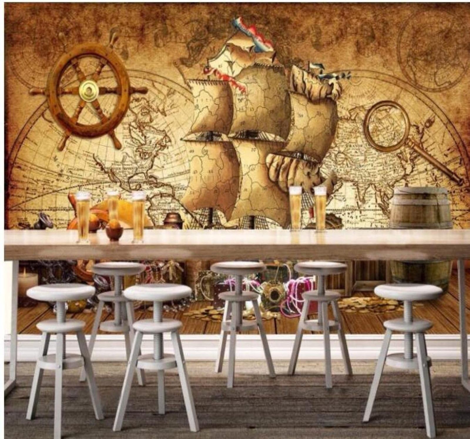 XLMING Vintage Sailing Ship Nautical Map Treasure Art 3D Wallpaper Luxury Home Dining Decor Paste Sofa Living Room The Wall for Bedroom Mural-430cm×300cm