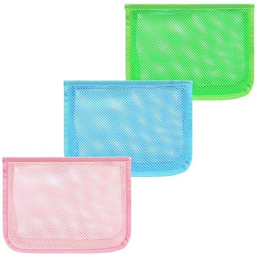F-color Beach Toy Bag, Shell Collecting Bag, Mesh Seashell Bag Net Bag for Sea Sand Pool Swim Beach Shell Accessories Beach Gifts for Kids Girls Boys, 3 Packs (Green, Blue, Pink)