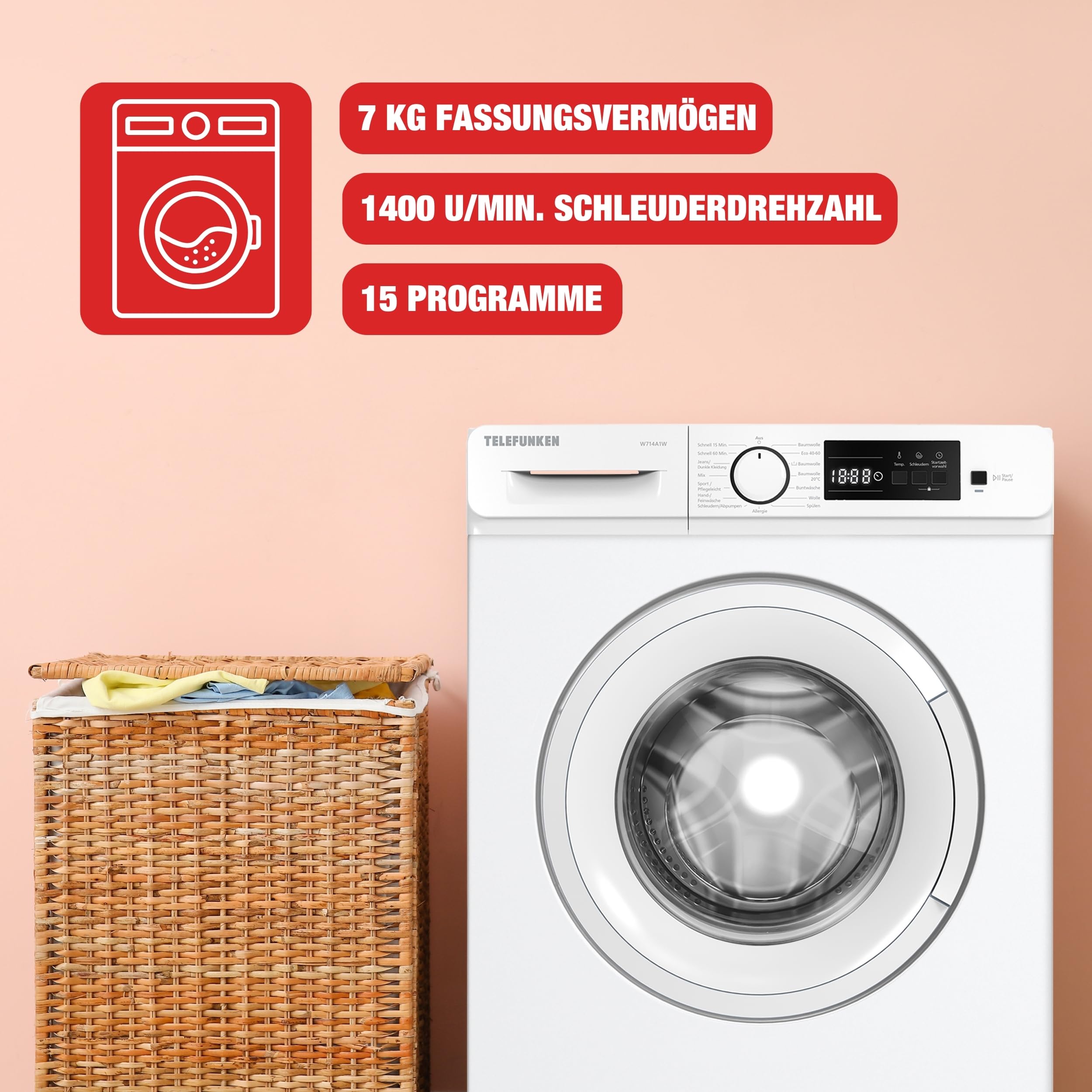 Telefunken W714A1W Waschmaschine 7kg Frontlader 1400 U/Min. EEK A | Inverter Motor - Leise & Effizient, Schontrommel aus Edelstahl, Startzeitvorwahl, Washing Machine, 15 Programme, weiß