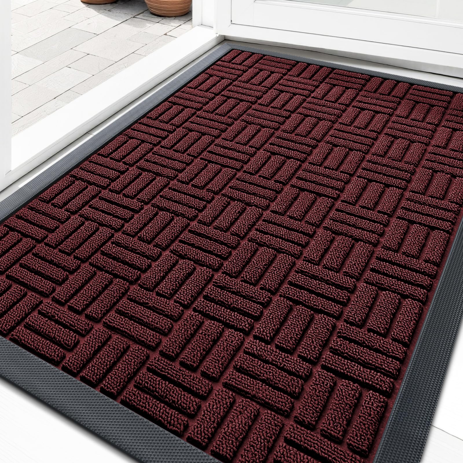 OLANLY Front Door Mat Outside Entrance 33x21, Heavy-Duty Rubber Doormat | Burgundy, Absorbent, Stain Fade Resistant, Non-Slip Backing, Low-Profile Indoor Outdoor Floor Mat for Entryway, Easy to Clean