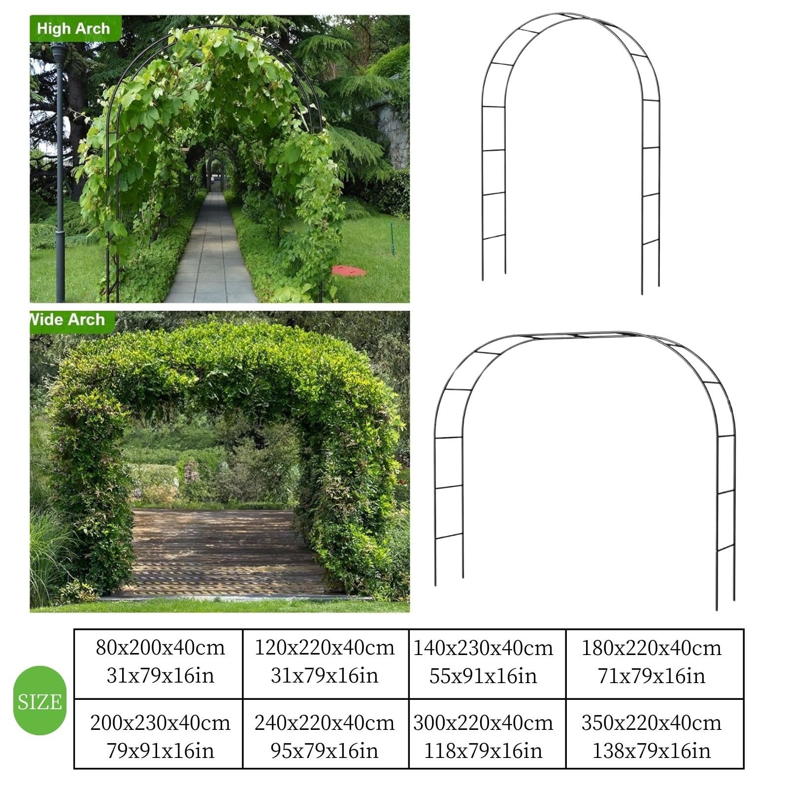 Arcos metálicos Resistentes para Rosas de jardín - Pérgola de Acero Duradera para Plantas trepadoras, hortalizas y Rosas - Enrejado Exterior, Opciones de Ancho de 2 m a 3,5 m (Negro, 120 cm