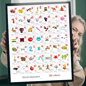 Mamma Margaret Hindi Alphabet POSTER, Colorful Print With Words And English Translations 24 x 32 inches, white