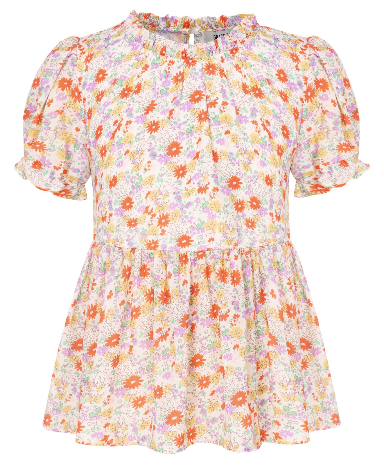 GRACE KARIN Blusa de manga corta con volantes y flores para niñas, camisa holgada de verano con estampado floral