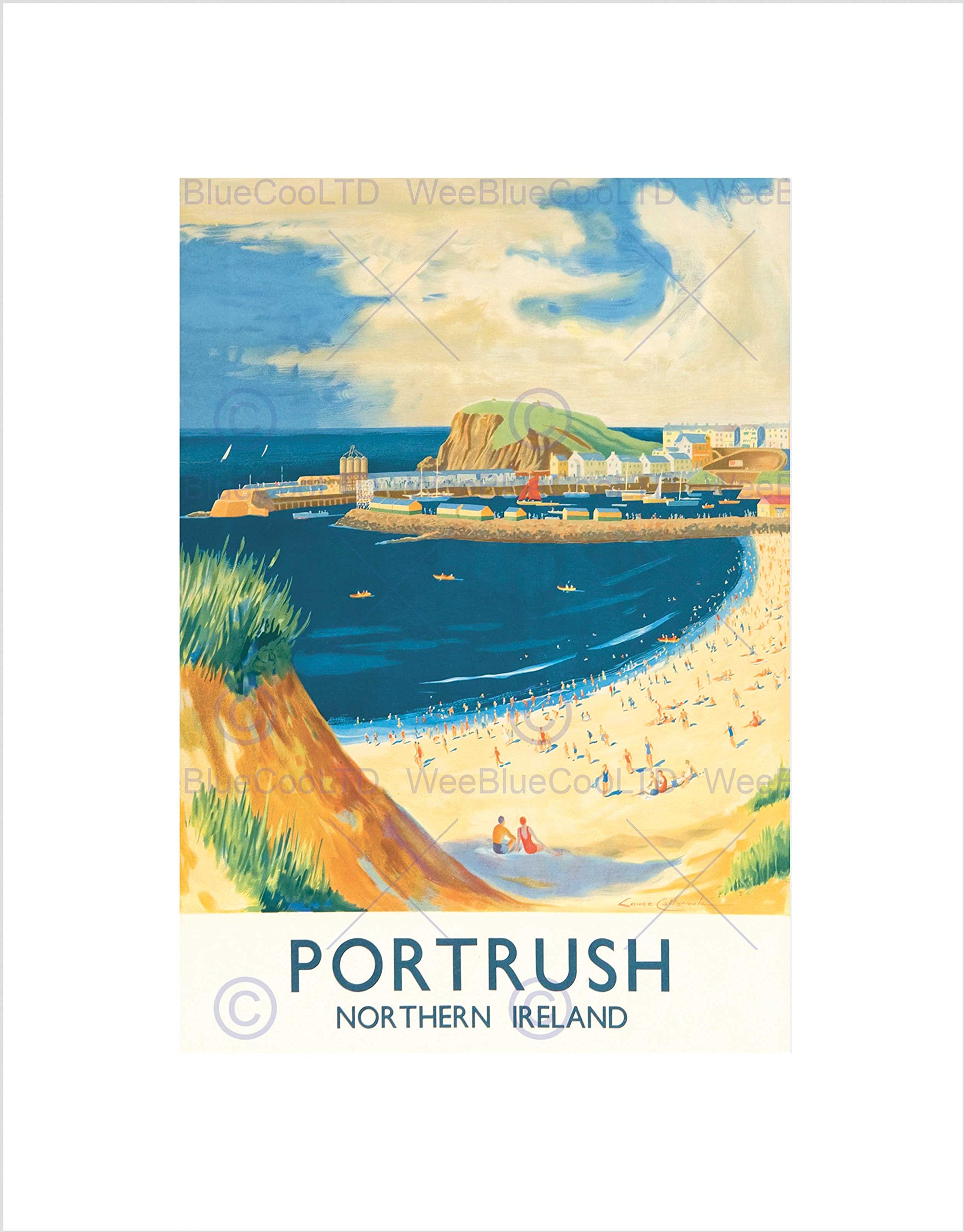 Wee Blue Coo TRAVEL BEACH COAST HARBOUR PORTRUSH NORTHERN IRELAND BRITISH RAIL PRINT B12X7822