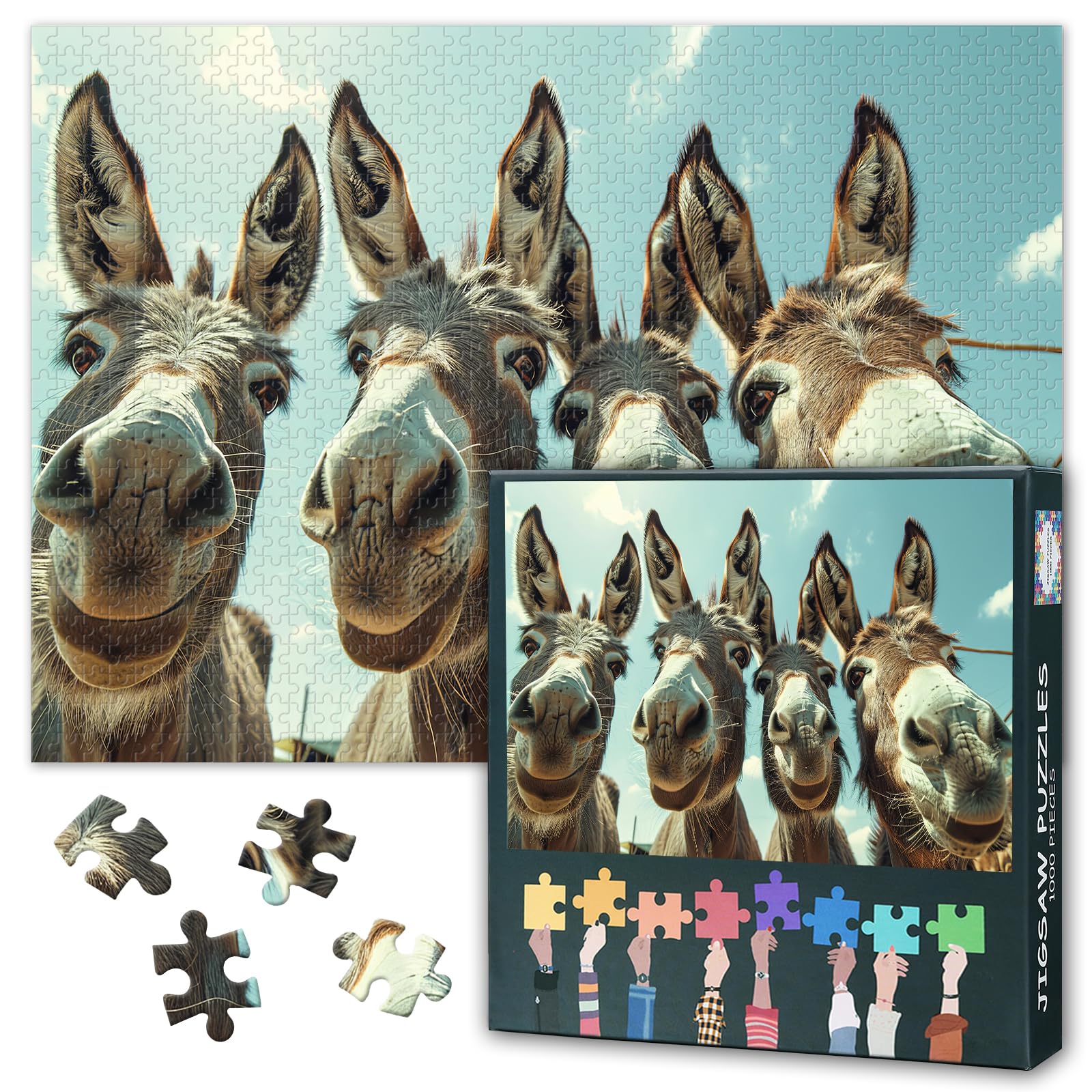 1000 Piece Jigsaw Puzzle for Adults Funny Donkeys Animal Lovers Puzzle Cute Donkey Group Farm Animals Photography Wildlife Challenge 27.5x19.7 Inches