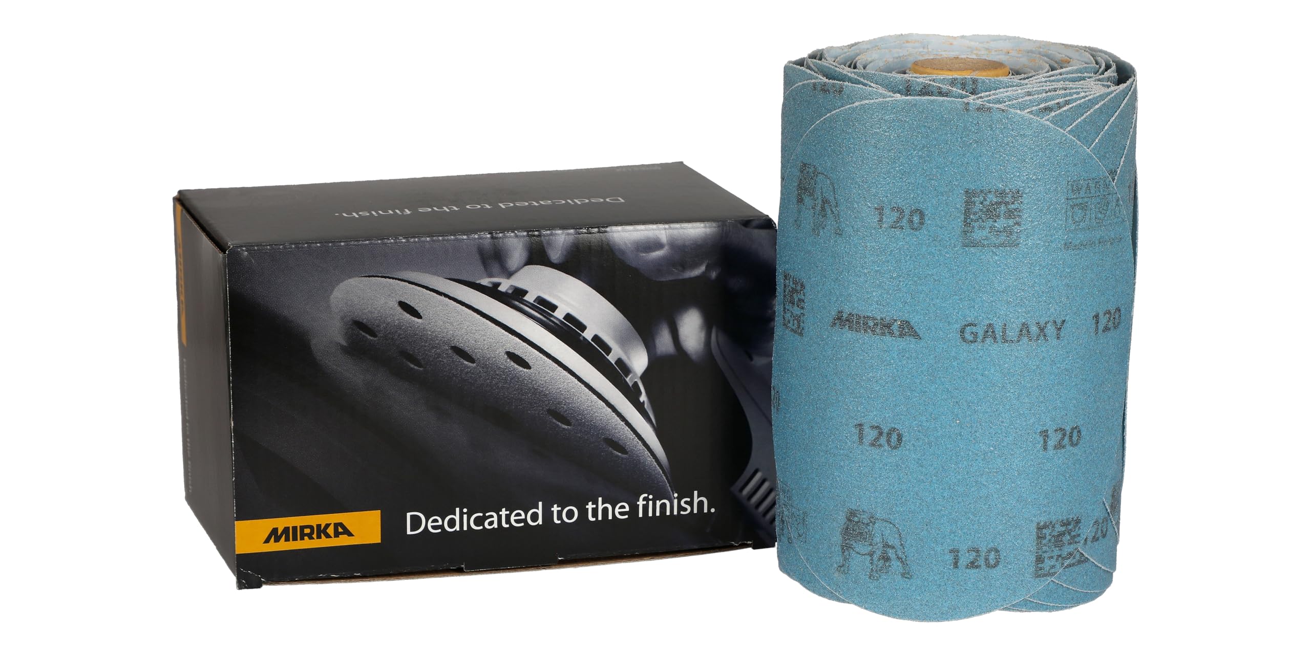 Mirka Galaxy Papier abrasif 6" – Grain 120, 100 disques/Linkroll – Autocollant PSA – Abrasif de qualité supérieure pour résine époxy, bois, métal, technologie anti-encrassement, auto-affûtant, idéal