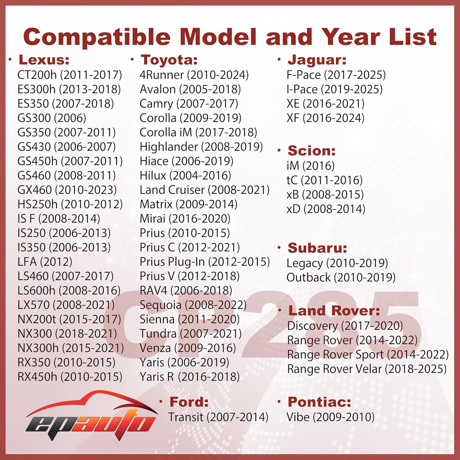Image showing compatible vehicle models for the EPAuto CP285 cabin air filter.