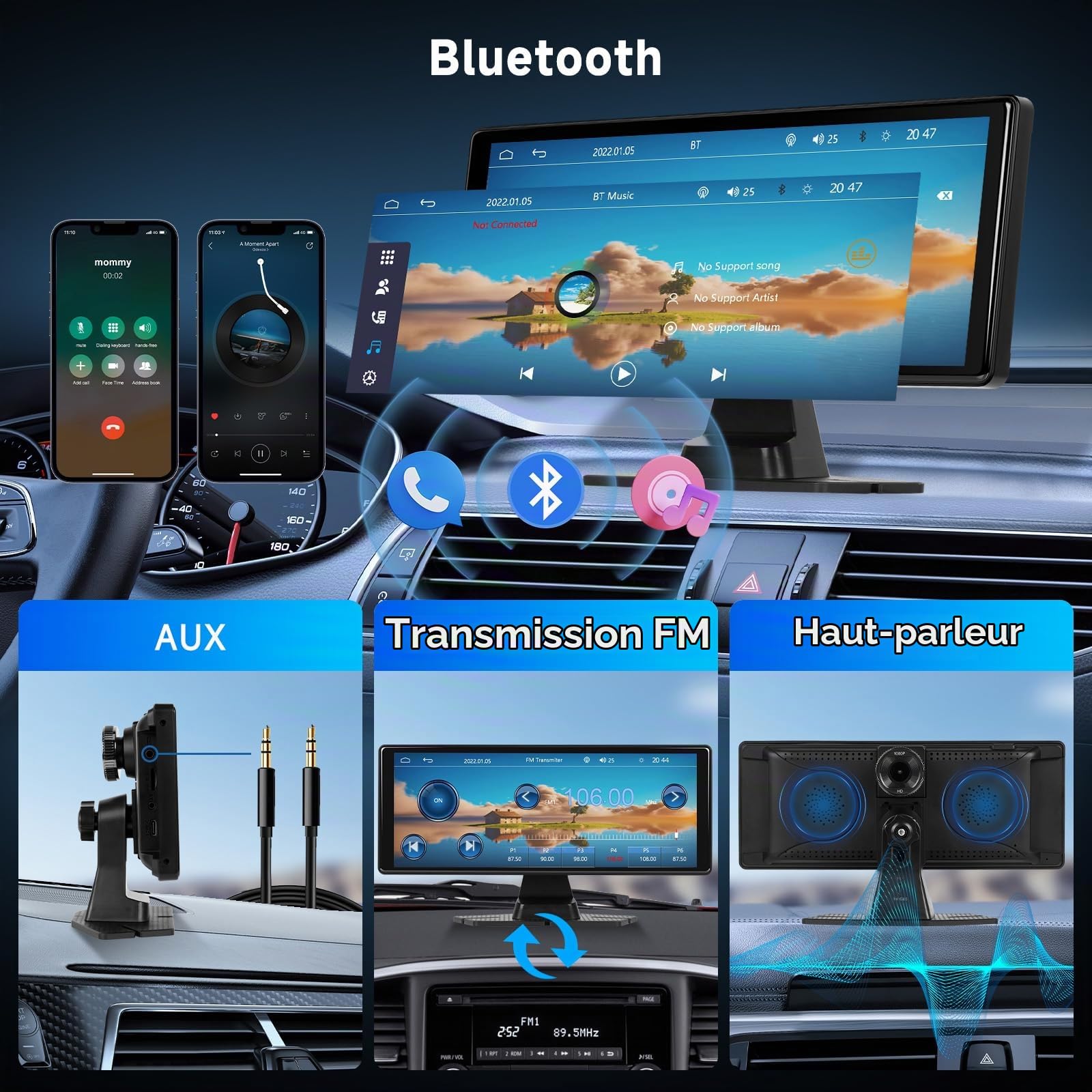 Hodozzy Autoradio Portable Dashcam Voiture sans Fil Carplay Android Auto, écran Tactile IPS 10,26 Pouces Display Carplay Moniteur Enregistrement, Bluetooth, Mirrorlink, émetteur FM Radio AUX+64GB TF