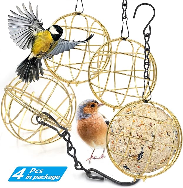 Zeqeey 4Pcs Small Hanging Fat Ball Bird Feeder Holder Spherical Cage for Feeding Outdoor Garden Outside Wildlife Little Birds Finch Dunnock Sparrow Robin , Metal