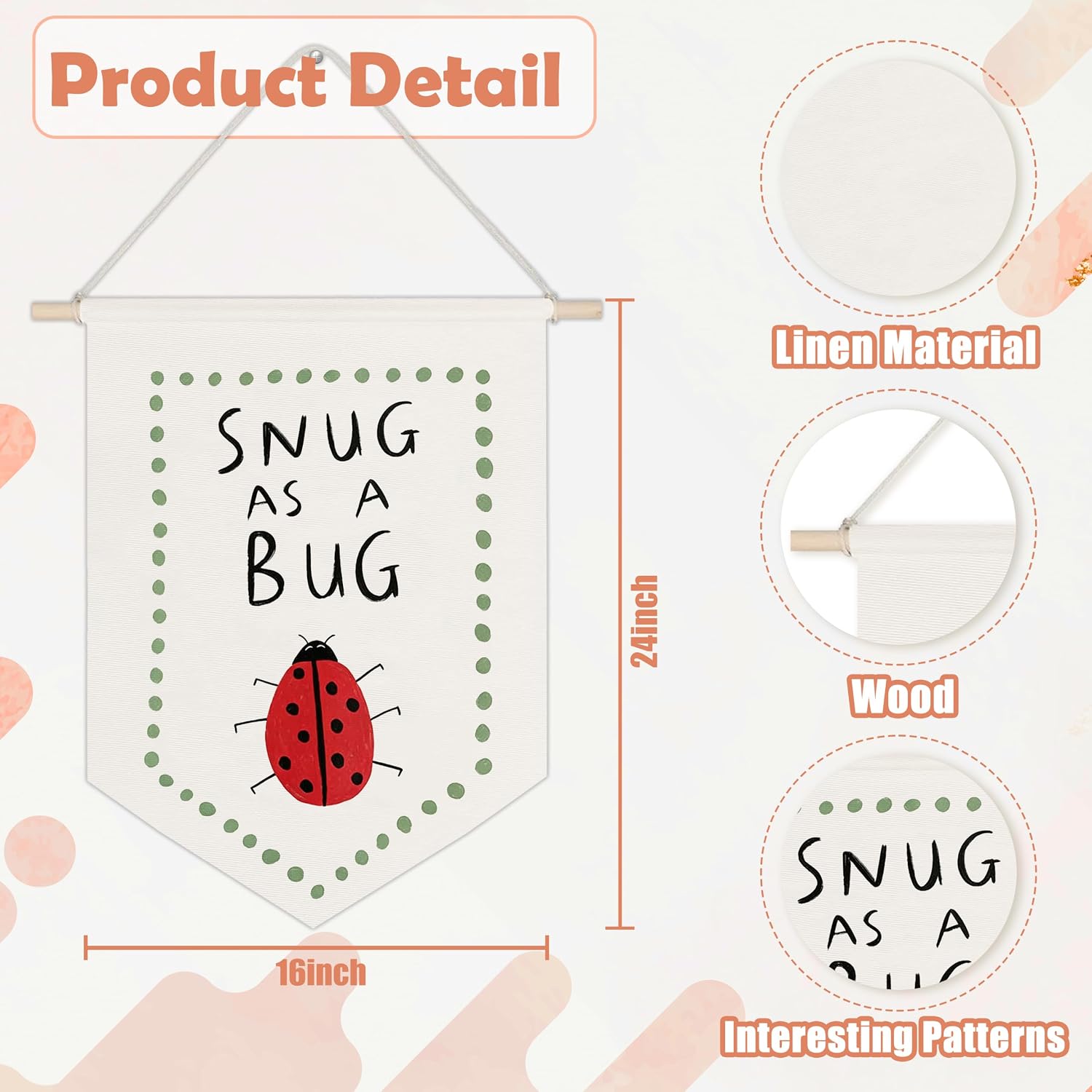 VGXKJIIOD Cute Ladybug Nursery Canvas Banner Wall Hanging Poster, Kids Room Decor, Whimsical Ladybug Insect Canvas Wall Art Pennant Flag for Toddler Boys Girls Room Nursery Playroom Decor