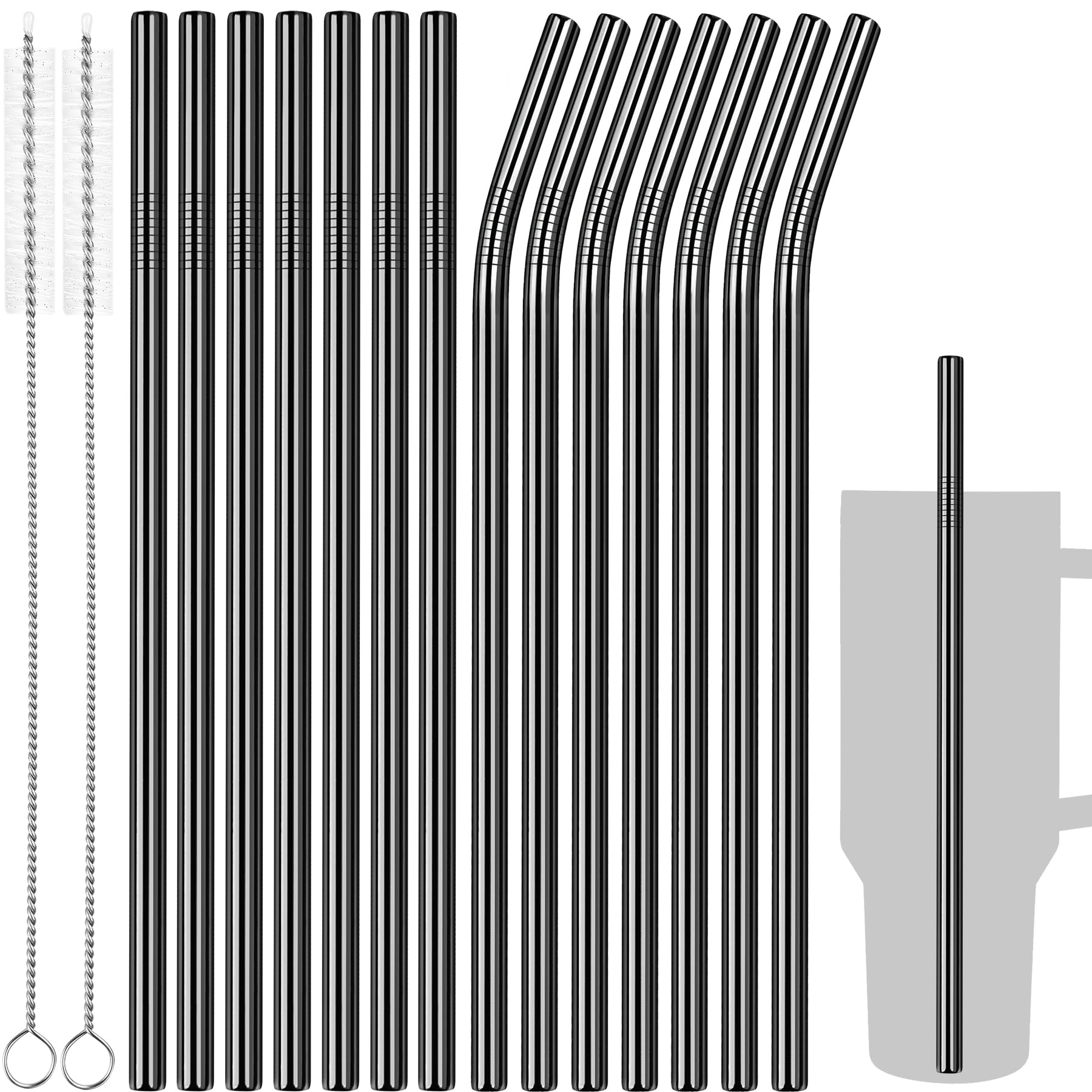 Tomorotec 40oz Straws, 14PCS Stainless Steel Replacement Straws for Stanley 40oz H2.0 Adventure Quencher Travel Tumblers with Cleaning Brushes 2PCS, Food-Grade, Dishwasher Safe for Smoothies (Black)