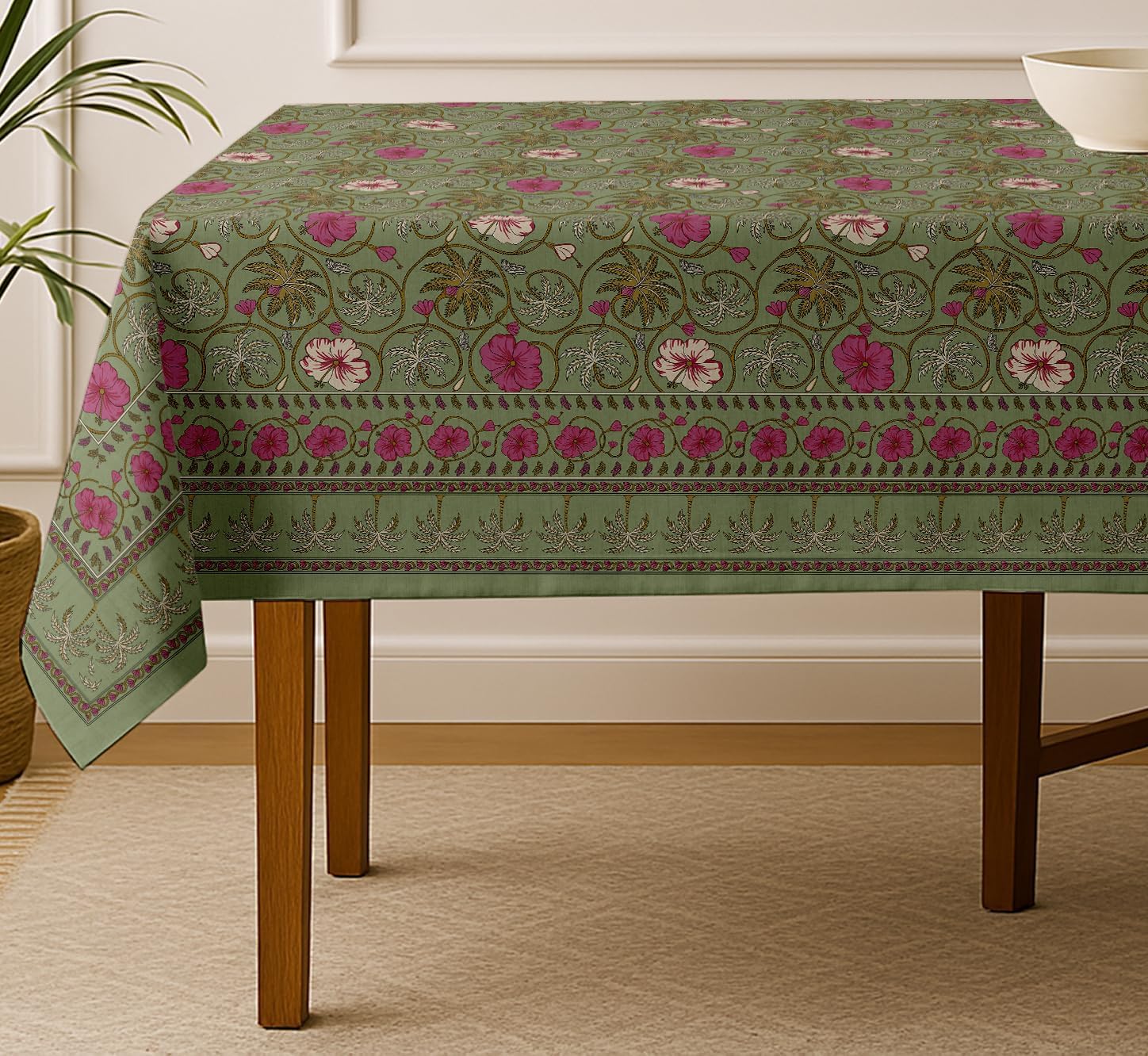 Floral Design Tablecloth- Green 60x60 Inch Cotton Twill Dining Table Cover, Perfect for 4 Seater Tables, Durable, Protective & Washable, Ideal for Everyday Use, Festive Occasions & Gathering