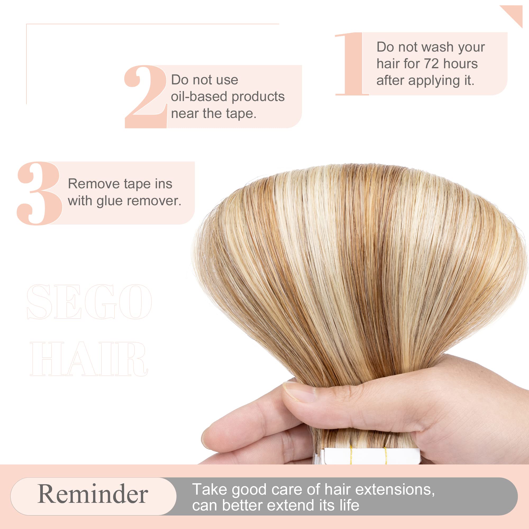 SEGO Extension Adhesive Cheveux Naturel - Extension Cheveux Humain Adhesif - Bande Adhesifs Extension Cheveux Adhesive Naturel - 60 CM 12P613#Brun Doré & Blond Blanchi [2.5g X 20 pcs]