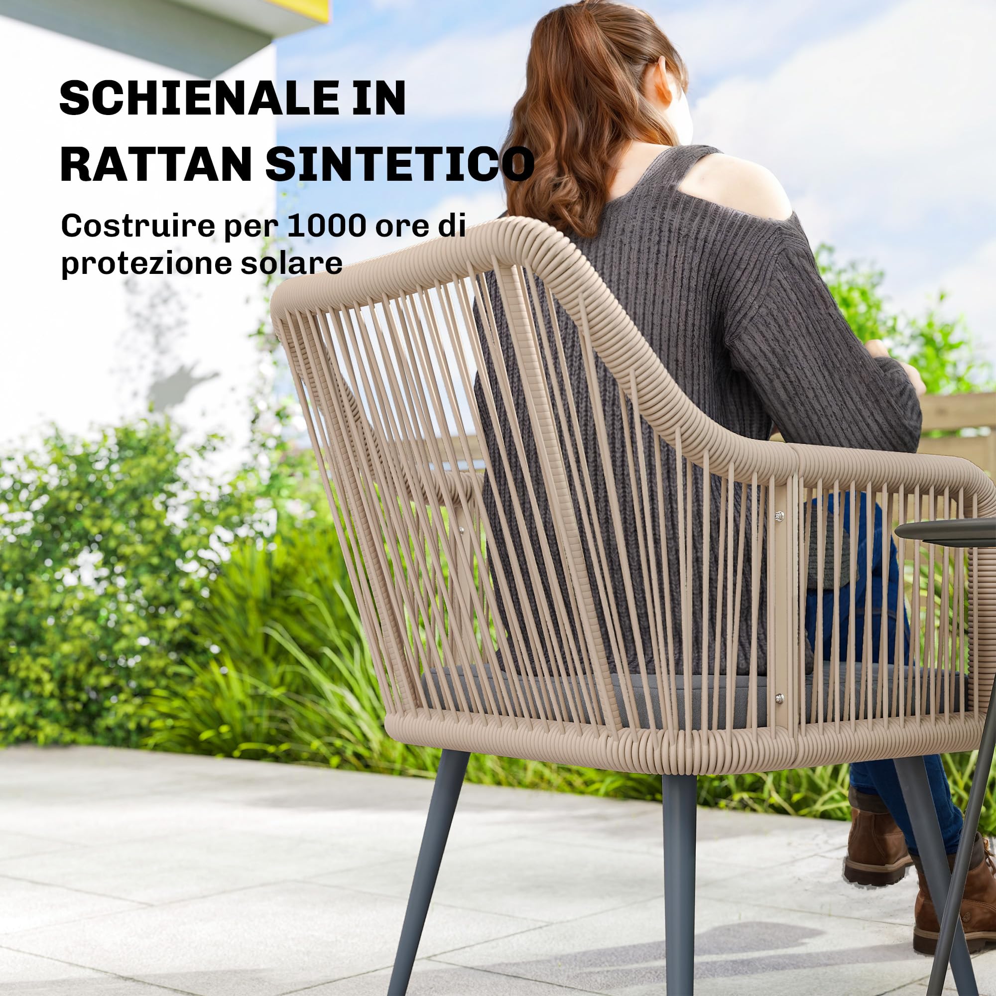 Outsunny Set 2 Sedie da Giardino in Rattan PE con Cuscini Morbidi Lavabili e Braccioli, Sedie per Pranzo da Esterno in Acciaio, da Patio, Balcone, Terrazza, Esterno, 54x65x80cm, Grigio Scuro