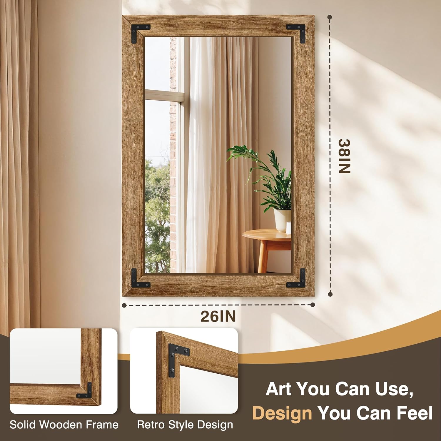 Wooden Bathroom Mirror for Wall, 38"x26" Solid Wood Frame Vanity Mirror, for Farmhouse, Bedroom, Living Room, Entryway Decor, Hangs Vertically or Horizontally
