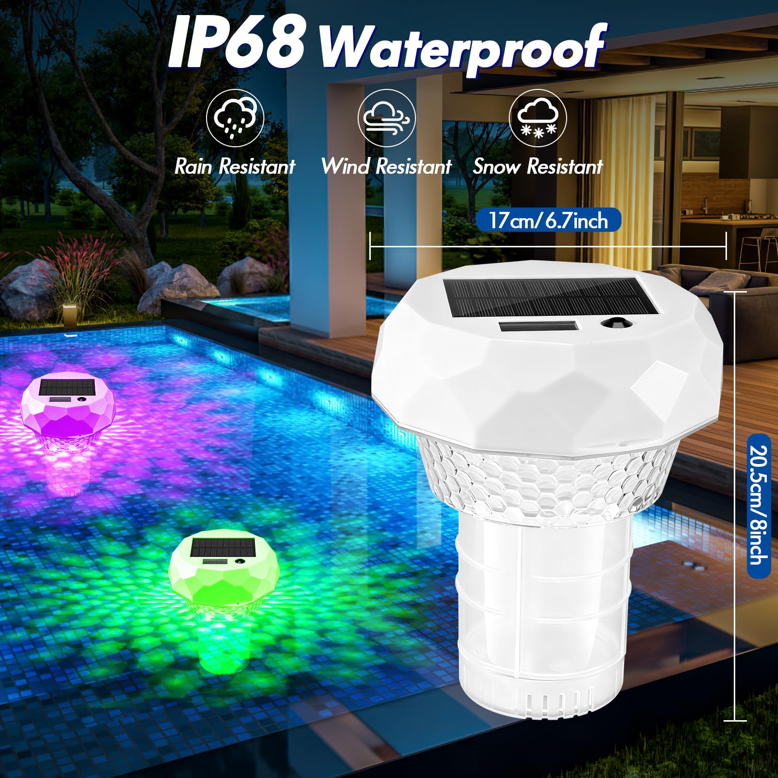 Dosierschwimmer Pool Solar Lichter mit Thermometer, 3 in 1 Poolthermometer & Pool Chlordosierer & buntem Poolbeleuchtung mit Fernbedienung Spa Pools Dosierer Chlorspender Einstellbarer Auslöser