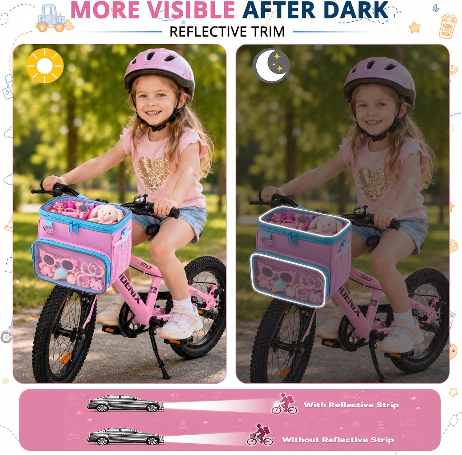 Kids Bike Basket Front Bag with Clear Window, Cute Bicycle Handlebar Basket image 2