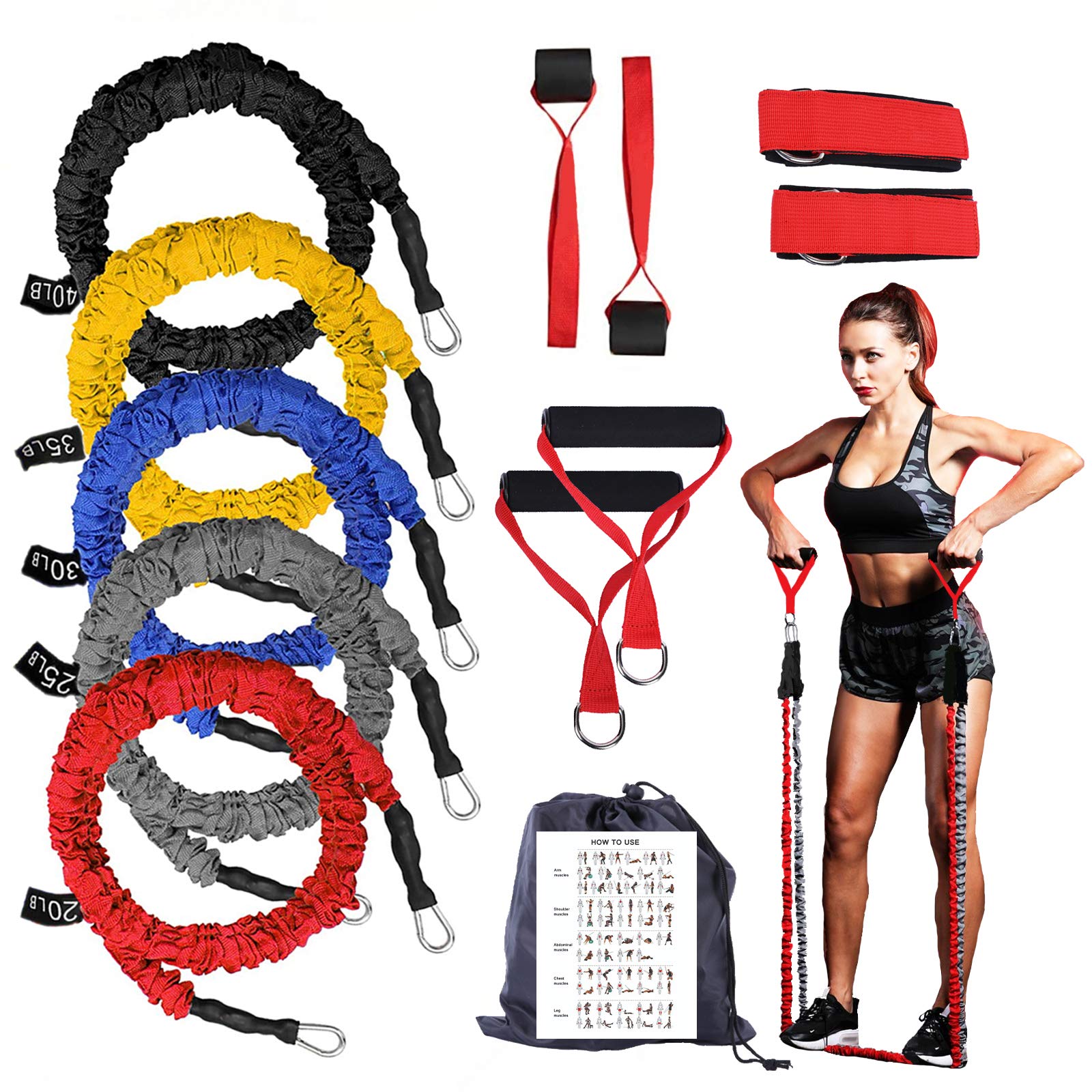 YEAHTOP Set de Bandas de Resistencia, Juego de Gomas Elásticas Fitness hasta 150lbs, Cuerdas de Entrenamiento con 5 Tubos de Látex para Ejercicios Físicos, Crossfit, Musculación, Deporte para Gym/Casa