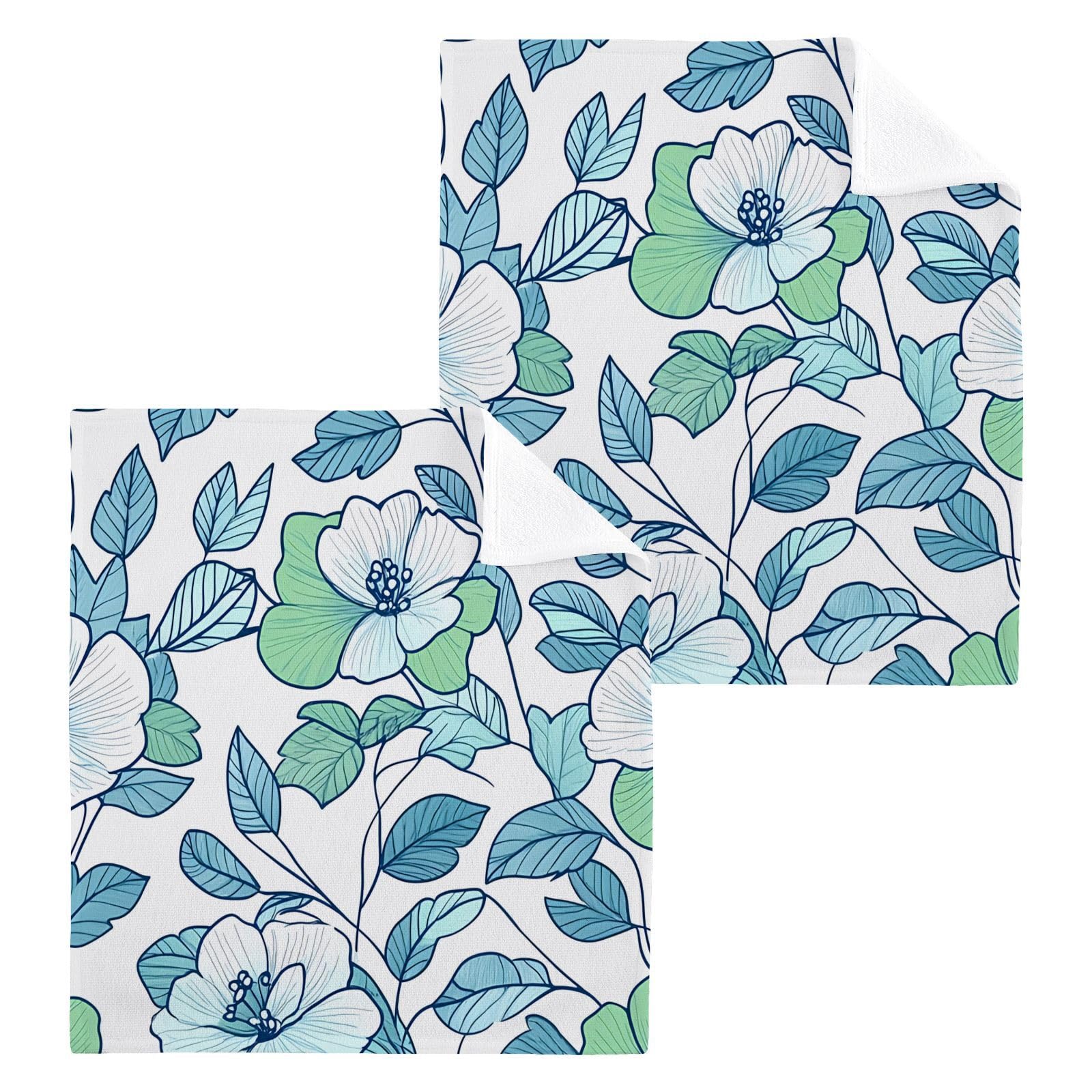 PaChyLuu 2 Pack Green Flowers Cotton Washcloths Highly Absorbent Face Cloth Reusable Body Towels, Gentle for Sensitive Skin, 12 x 12 Inch