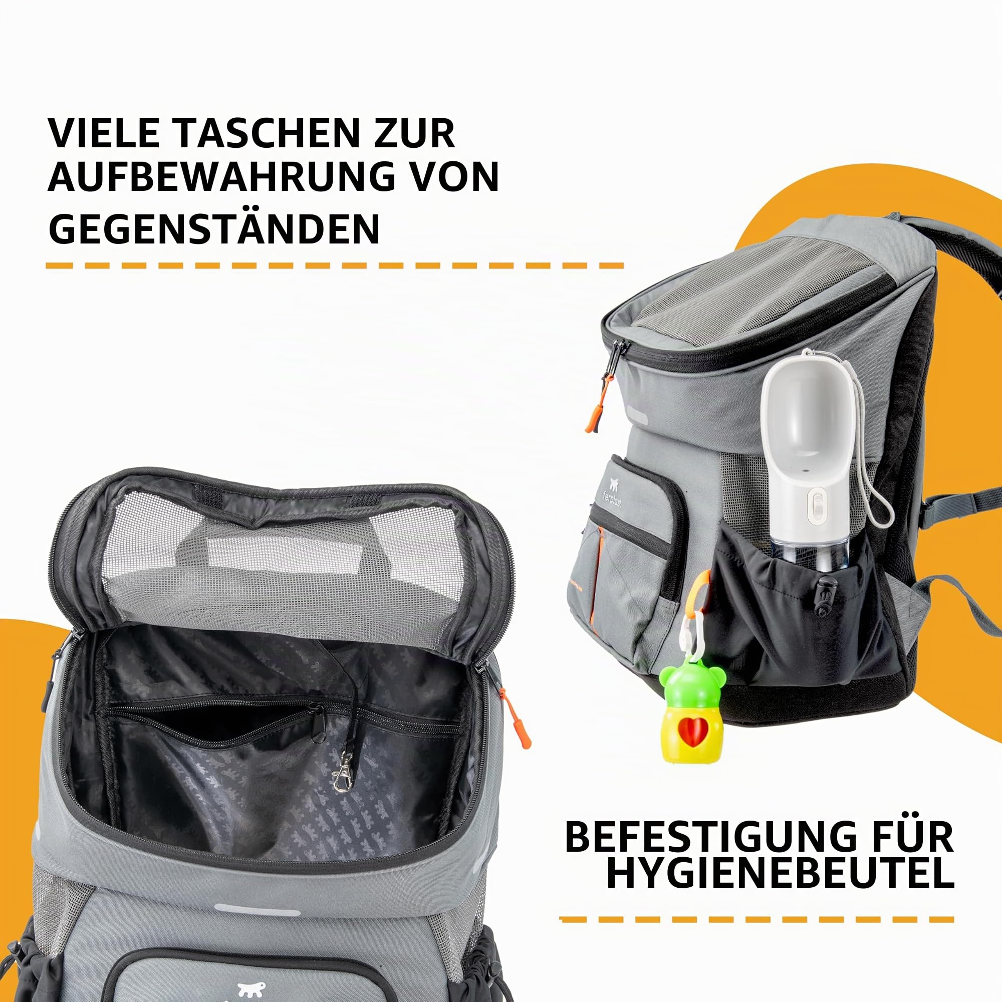 Ferplast Hunderucksack Voyager Backpack, Katzenrucksack, Hundetasche, Hundebox, Weite Öffnung, verstellbare Gurte, Sicherheitsgurt, mit Kissen, max. 10 kg, 29 x 21 x 36 H, Grau