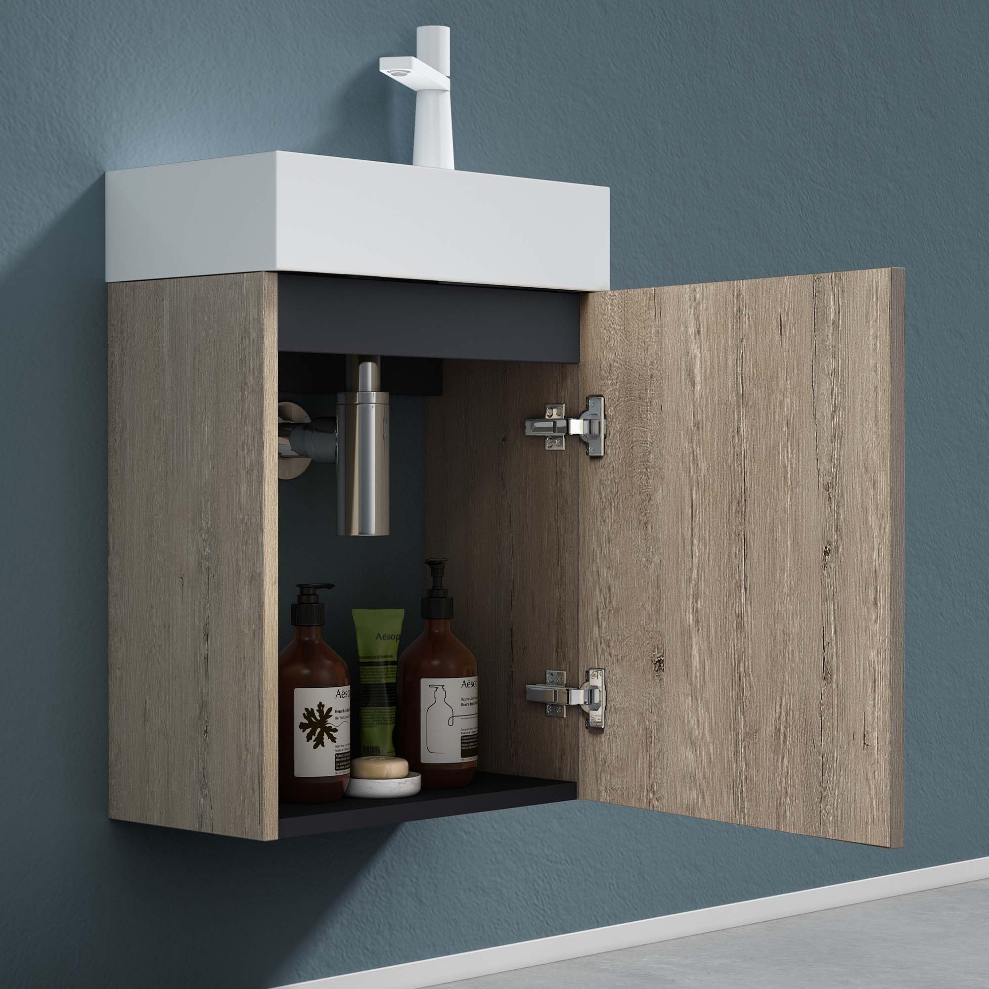 doporro Badezimmer-Set Waschplatz Badmöbel-Set Gäste WC Waschbecken Waschtisch mit Unterschrank in Eiche Greige Waschbeckenunterschrank 46x26x63cm Pisa