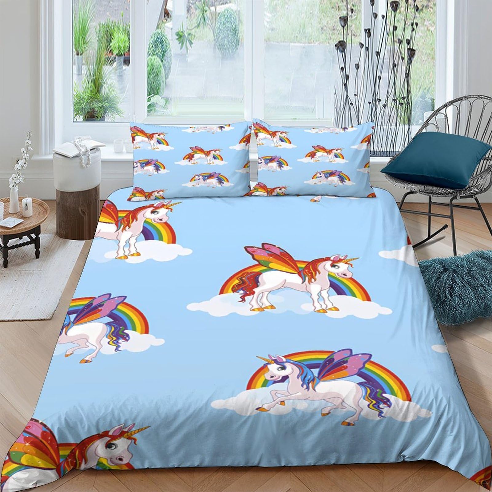 Ctjqhvkz Style-9 3D Printed Unicorn Rainbow Fitted Sheet Microfiber Anti-Slip Bed Cover For Bedroom Guestroom Easy Care Blue Cartoon Decor Single（135X200cm）