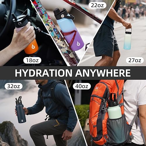 Miniatura 6 de BJPKPK - Botellas de agua aisladas con tapa de popote, botellas de agua de acero inoxidable de 40 onzas con 3 tapas, termo a prueba de fugas libre