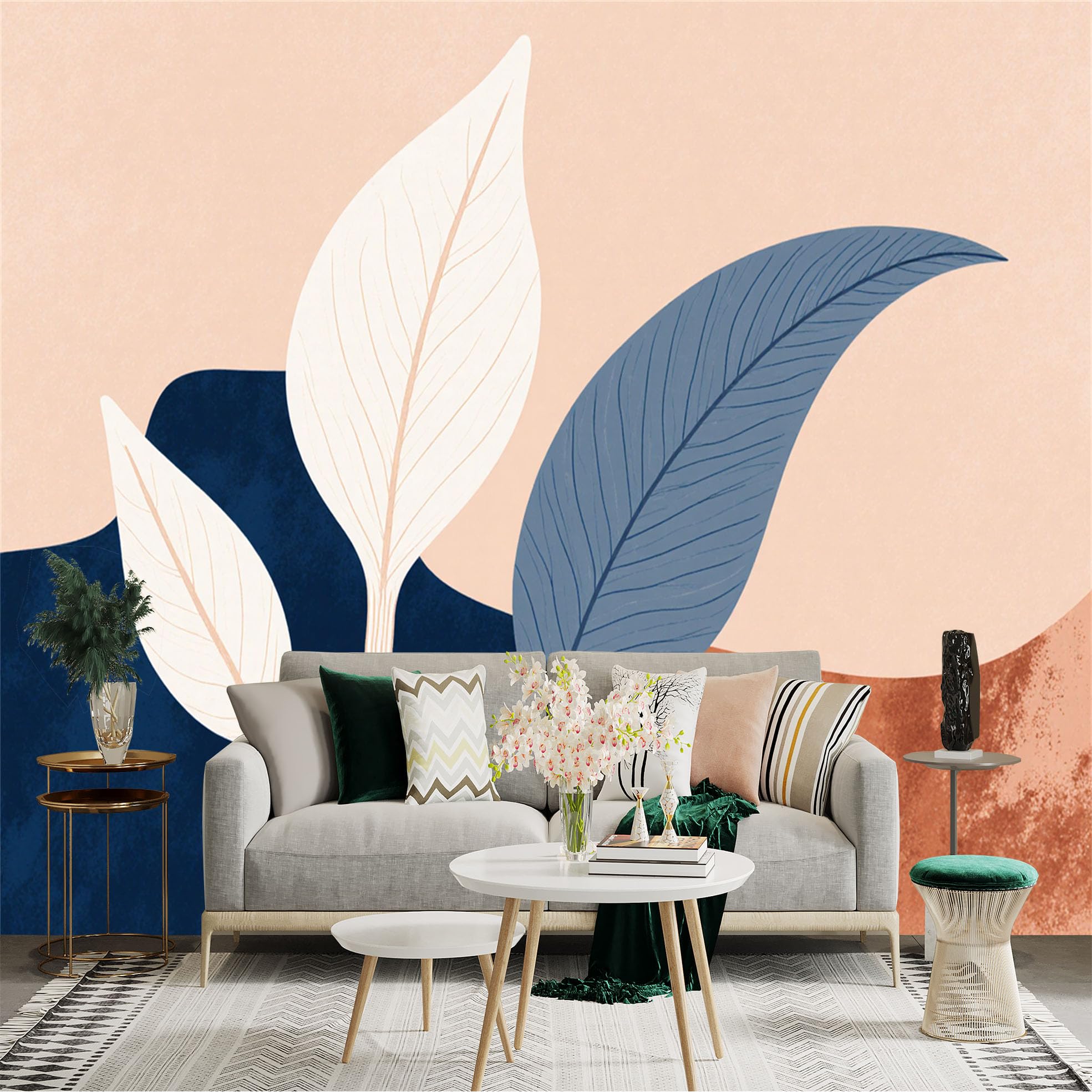 Custom Size Wall Sticker Mural， Modern Minimalist Botanical Art， Blue and Beige Abstract Foliage， Earthy Tone Plant Decor， for wall Decoration， peelandstick wall Decals.