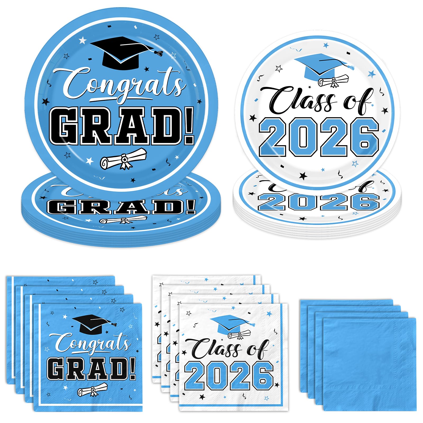 Light Blue Graduation Plates and Napkins Class of 2026 Grad Congrats Party Supplies Disposable Dessert Paper Plates Cocktail Napkins for Sky Blue