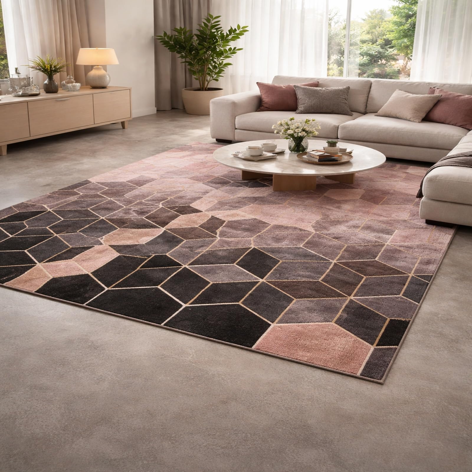 Alfombra moderna rosa de 140 x 160 cm geométrica para pasillo entrada y baño
