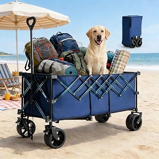 440LBS Heavy Duty Collapsible Wagon Cart - Extra Long Foldable Utility Wagon with All-Terrain Wheels, Portable Folding Grocery Cart for Camping, Beach, Garden, Sports, Shopping, Blue