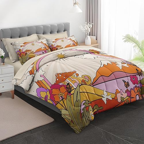 Miniatura 34 de Juego de edredón con 2 fundas de almohada, tamaño matrimonial, diseño de hongo hippy y arco iris, decoración de cama retro de los años 70, hippie,