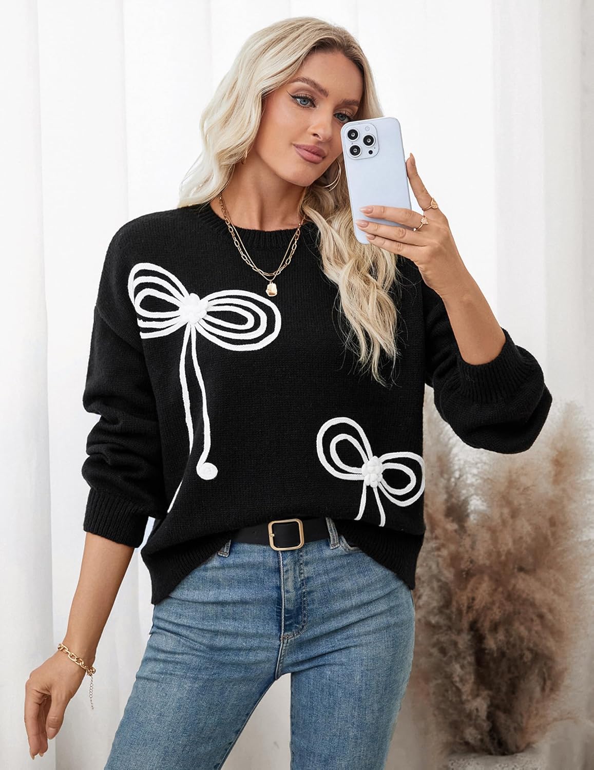 Womens Oversized Cute Valentine's Day Sweater Spring 2026 Bow Crewneck Long Sleeve Pullover Sweaters - Image 4