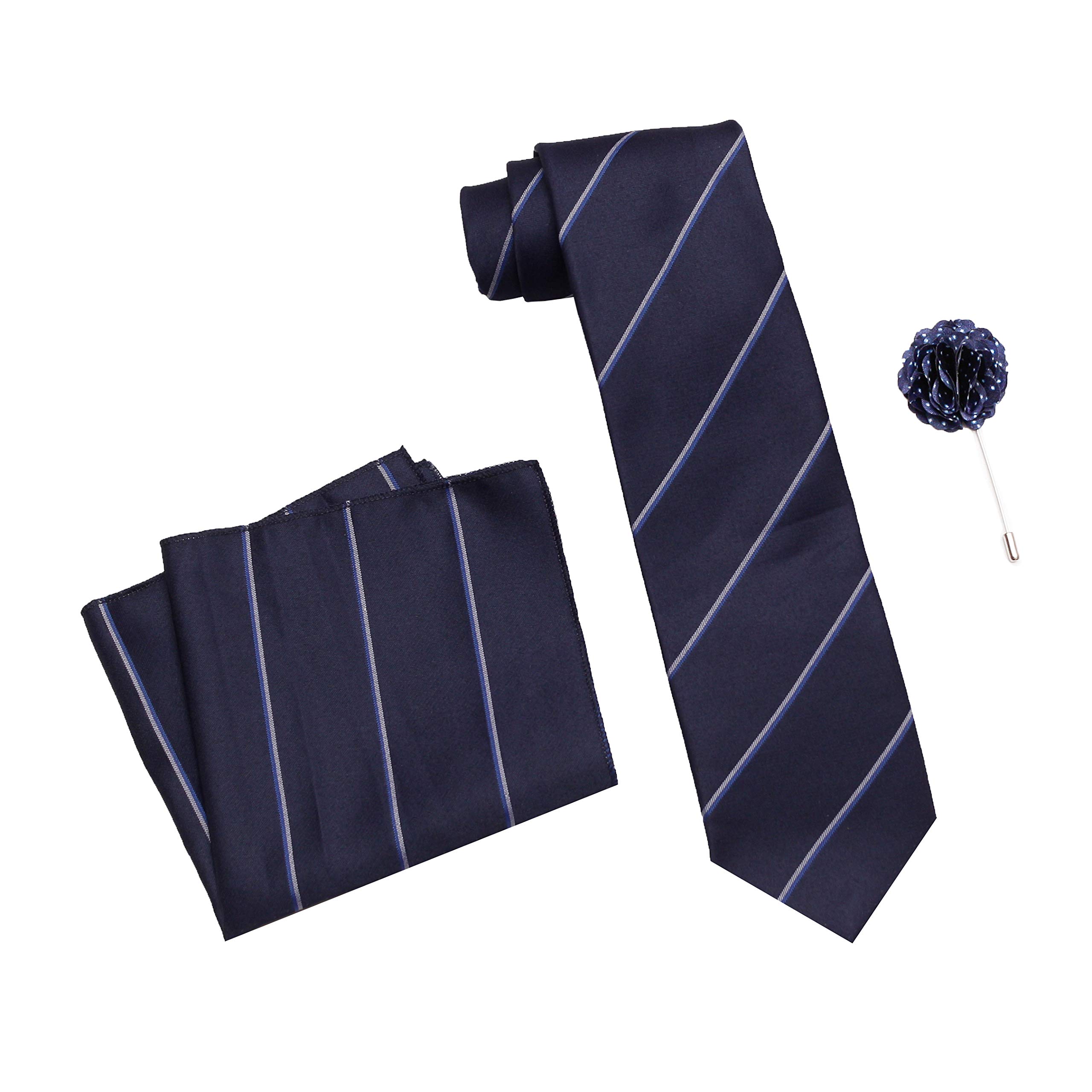 Men's Micro Polyester Striped Necktie Set with Pocket Square and Brooch Pin (Blue, Free Size)-image-30