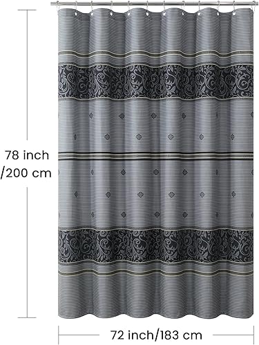 Vista 110 de Cortina de ducha de tela, estampado beige y tostado, cortinas de ducha con patrón de damasco bohemio de cachemira para baño, cortinas de baño Hudson