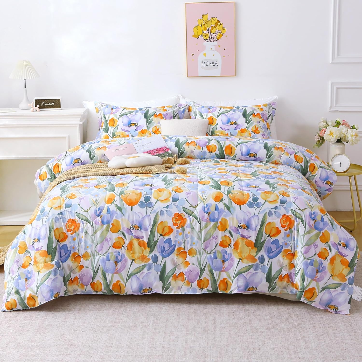 Mooreeke Duvet Cover Queen Size, 3 Piece Purple Orange Floral Duvet Cover Set with Zipper Closure, Soft & Breathable Botanical Patterns Microfiber Bedding Set with 4 Corner Ties and 2 Pillow Shams
