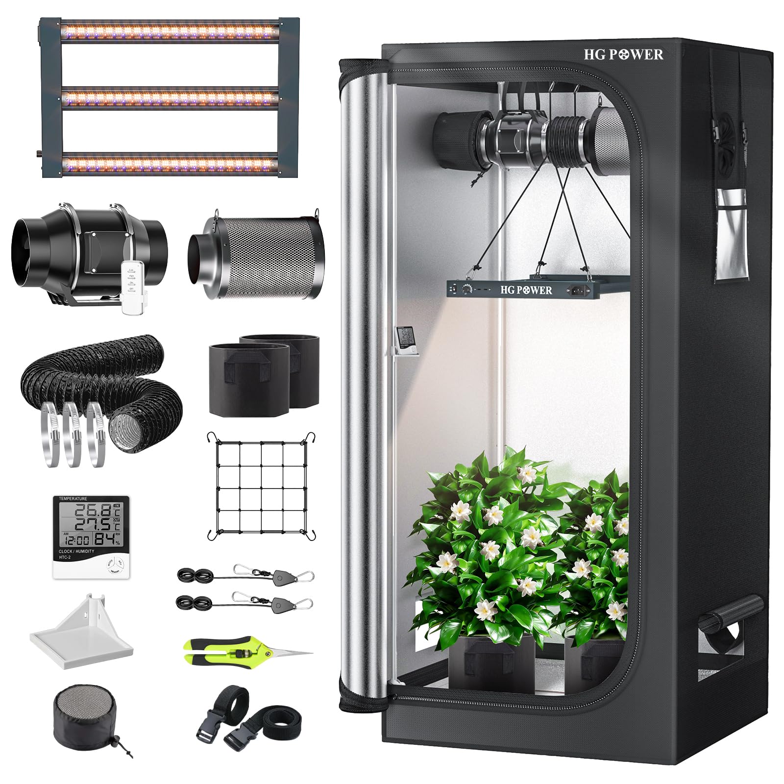 HG Power 160W Growzelt Komplettset 70x70x160cm, Growbox mit Dual-Mode LED Lampe UV+FR, 100mm Rohrventilator Aktivkohlefilter Belüftungssystem