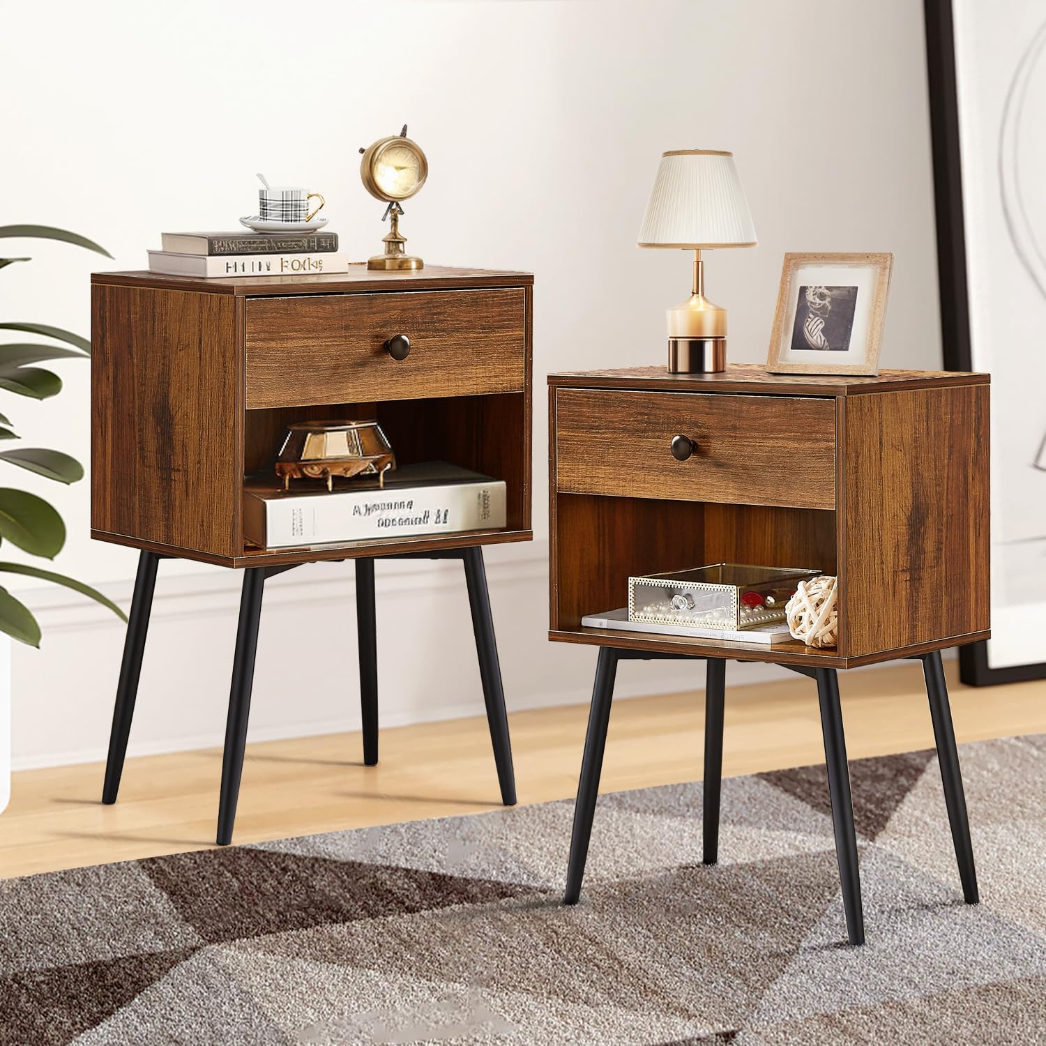 VECELO Nightstands Set of 2 Industrial 2-Tier Night Stand/Side Drawer, Wood Mid Century End Tables for Small Places, Bedrooms, Living Room, Home, Farmhouse, Rustic Brown