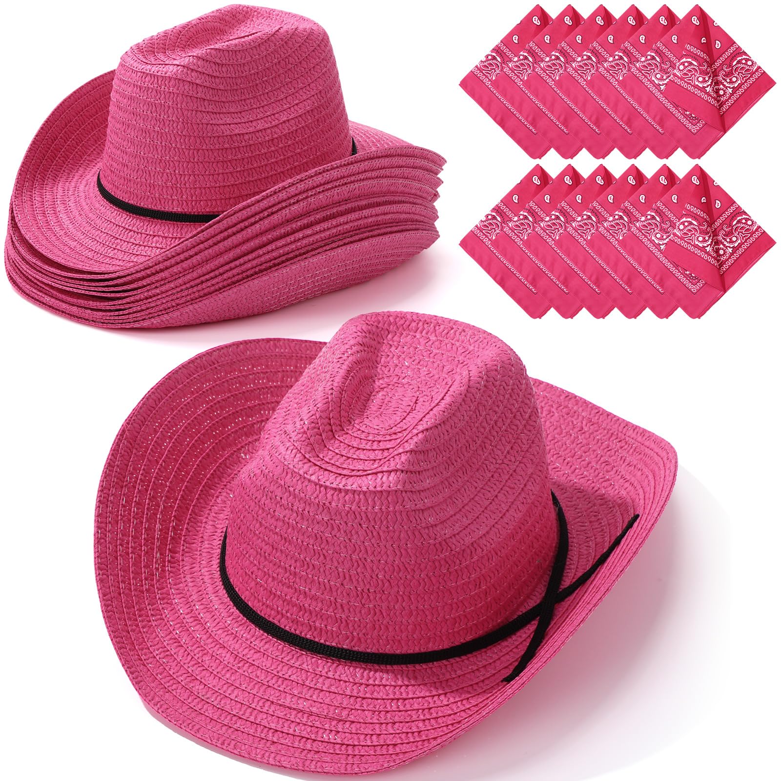 SATINIOR 12 Set Straw Cowboy Hats & Bandanas - Cowboy Party Hat Costume with Head Bandana(Rosy,Classic Style)