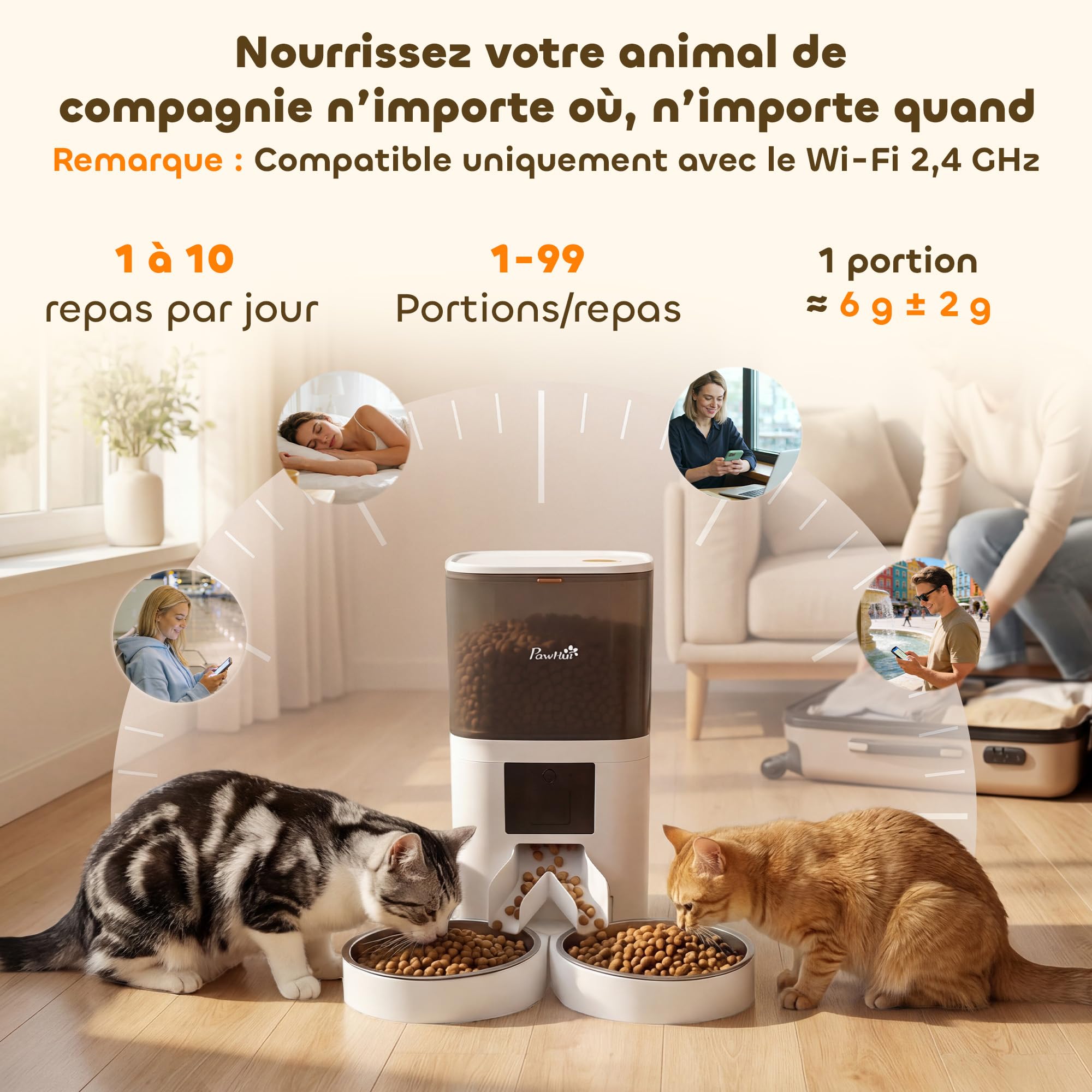 PawHut Distributeur Croquettes Chat Automatique - Mangeoire Chat 2 Animaux 6L avec Double Bol INOX - Gamelle Chat Connectée WiFi Tuya App pour Chien et Chat, Alimentation de Secours, Blanc