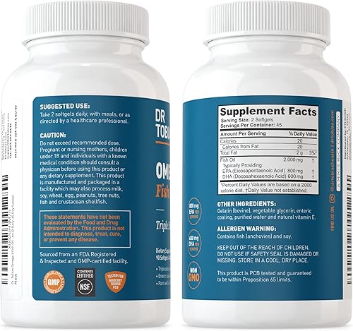 Miniatura 7 de Dr Tobias Aceite de pescado omega 3  Suplemento nutricional dietético de triple fuerza  Ayuda a apoyar la salud cerebral y cardíaca incluye EPA y