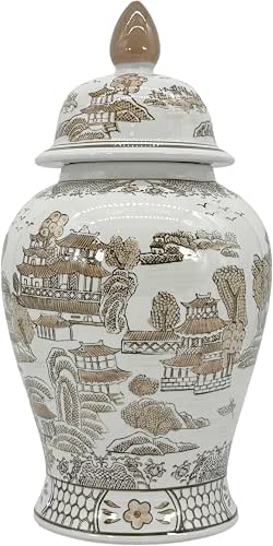 Galt International Brown & White Floral Chinoiserie Ceramic Temple Jar
